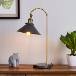 Dunelm Logan Antique Brass Grey Industrial Table Lamp
