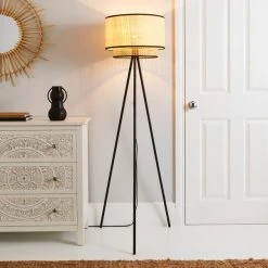 Dunelm Malika Cane 2 Tier Tripod Floor Lamp