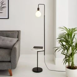 Dunelm Aubrey Exposed Bulb Floor Lamp With Table Black And Faux Marble